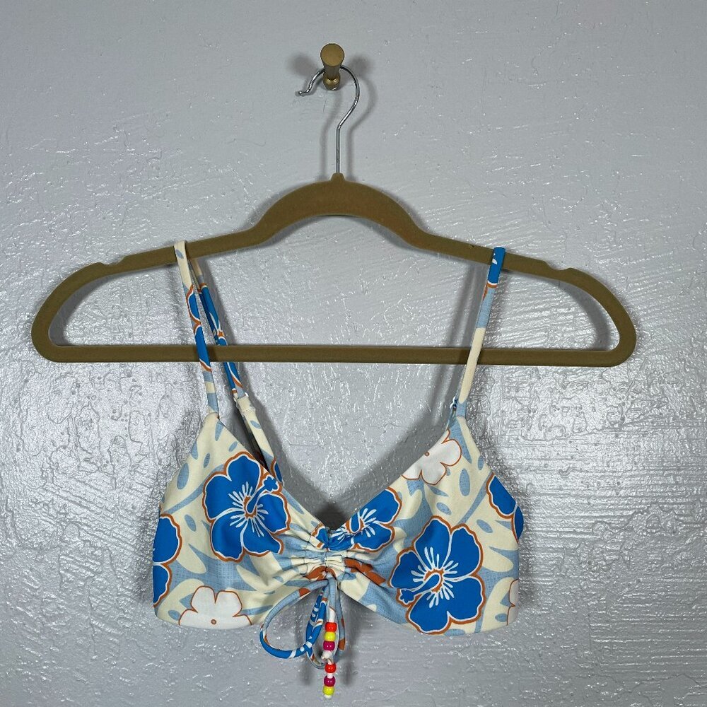 Blackbough Women S Cream Blue Floral Bikini Top Scrunch Front Beaded Adjustable
